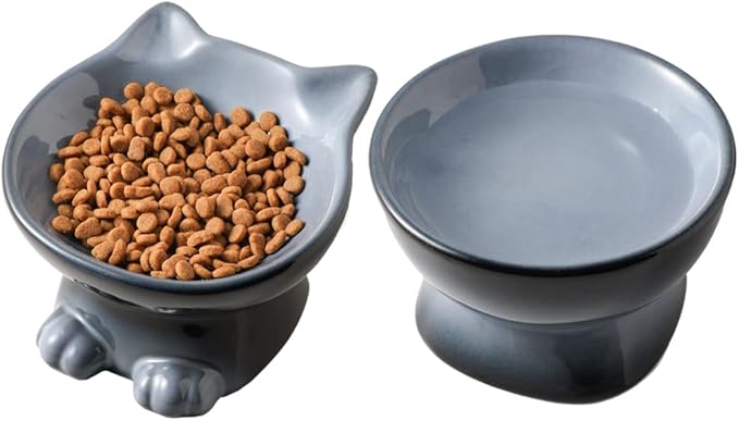 Nihow Ceramic Raised Cat & Dog Bowls: 5 Inch Elegant Gray (2 PC), Protecting Pet's Spine, Feeding & Watering Supplies, Modern Design, Anti Vomiting, Whisker Friendly - PAWPICO