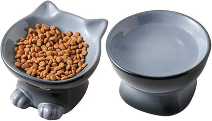 Nihow Ceramic Raised Cat & Dog Bowls: 5 Inch Elegant Gray (2 PC), Protecting Pet's Spine, Feeding & Watering Supplies, Modern Design, Anti Vomiting, Whisker Friendly - PAWPICO