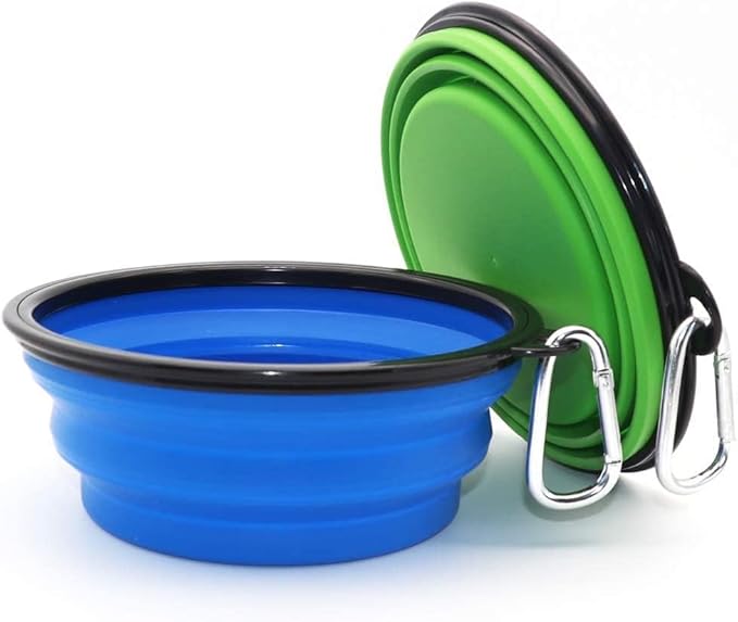 Collapsible Bowls, 2 Pack Water Bowls for Cats Dogs, Portable Pet Feeding Watering Dish for Walking Parking Traveling with 2 Carabiners (Large, Blue+Green) - PAWPICO