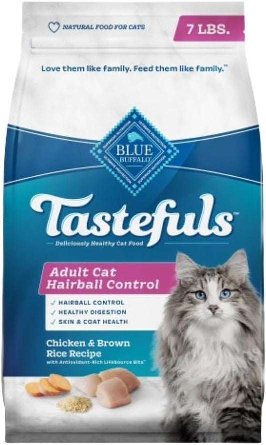 Blue Buffalo Tastefuls Natural Dry Food for Adult Cats, Hairball Control, Chicken & Brown Rice Recipe, 7-lb. Bag - PAWPICO
