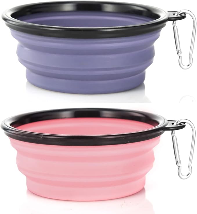 Dog Bowl Pet Collapsible Bowls, 2 Pack Collapsible Dog Water Bowls for Cats Dogs, Portable Pet Feeding Watering Dish for Walking Parking Traveling with 2 Carabiners (Small, Purple+Fairy Pink) - PAWPICO
