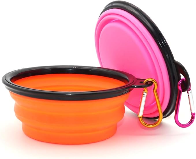 SLSON Collapsible Dog Bowls, 2 Pack, Portable Pet Feeding Watering Dish for Traveling with Carabiners (Small, Orange+Pink) - PAWPICO