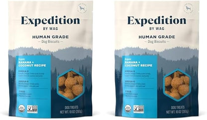 Amazon Brand - Wag Expedition Human Grade Organic Biscuits Dog Treats, Non-GMO, Gluten Free, Banana & Coconut, 10oz (Pack of 2) - PAWPICO