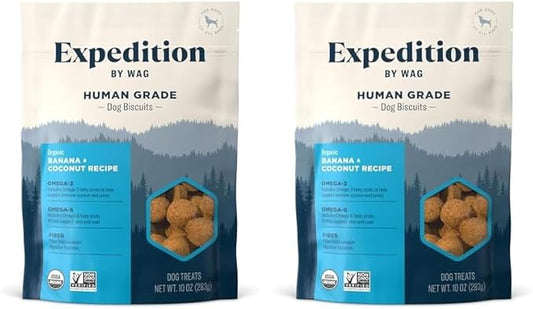 Amazon Brand - Wag Expedition Human Grade Organic Biscuits Dog Treats, Non-GMO, Gluten Free, Banana & Coconut, 10oz (Pack of 2) - PAWPICO