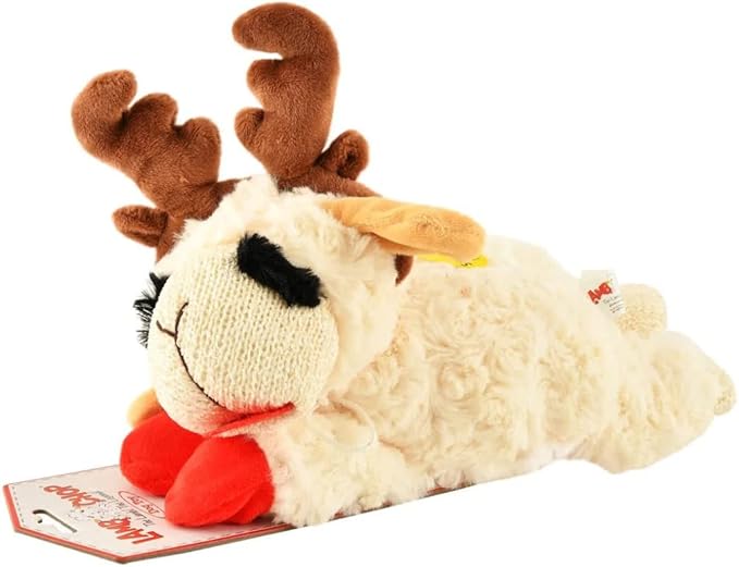 Multipet Holiday Lamb Chop with Reindeer Antlers Plush Dog Toy (10.5" Laying Lamb),All Breed Sizes - PAWPICO