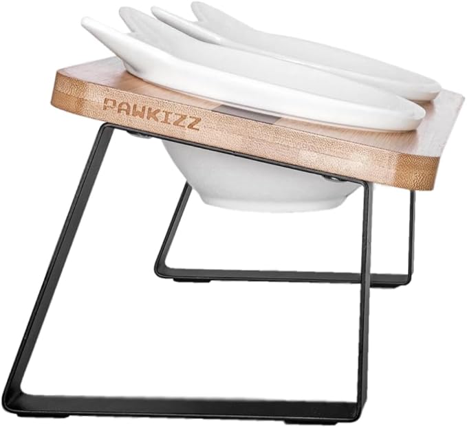 Ergonomic Cat Ceramic Bowls Stand for Food and Water, Small Dog, Anti Vomit, Indoor Cats, Elevated, Tilted Feeding Position, Full Bamboo Stand with Food Grade, Whisker Friendly Dish for Cats and Puppy - PAWPICO