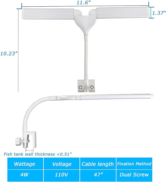 LED Aquarium Light Full Spectrum Clip Fish Tank Light Plants Light Double Swing Arm Light 4W Suitable for 5-20 Gal Fish Tank PUEUTU