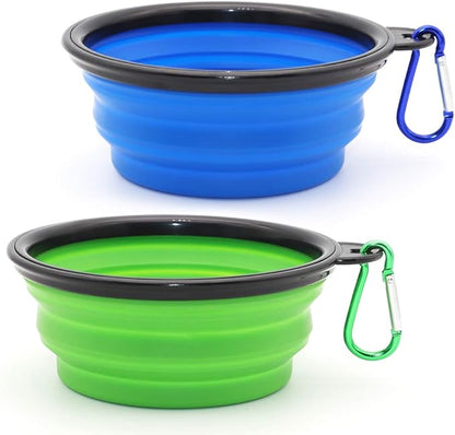 Dog Bowl Pet Collapsible Bowls, 2 Pack for Cats Dogs, Portable Pet Feeding Watering Dish for Walking Parking Traveling with 2 Carabiners (Small, Blue+Green) - PAWPICO