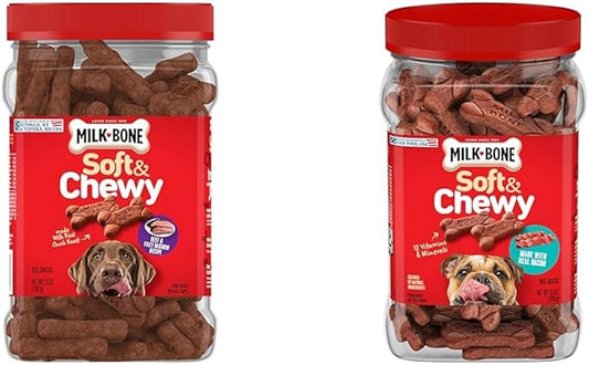 Milk-Bone Soft & Chewy Dog Treats Bundle: Beef & Filet Mignon Recipe 25 Ounce + Real Bacon 25 Ounce - PAWPICO