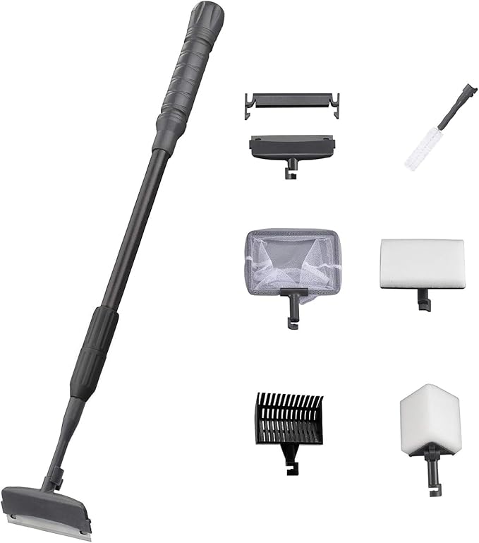 Carefree Fish 6IN1 Carbon Fiber Aquarium Cleaning Tools Long Handle Adjustable Length 20~36Inches Fish Tank Cleaner Kit Alage Scraper Scrubber Brushes Set Bewatermyfriend