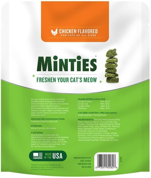 Minties Dental Treats for Cats, Chicken Flavored Treats for Cats, Freshens Breath and Controls Tartar, 10oz Minties