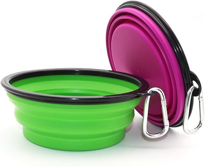 Dog Bowl Pet Collapsible Bowls, 2 Pack Collapsible Dog Water Bowls for Cats Dogs, Portable Pet Feeding Watering Dish for Walking Parking Traveling with 2 Carabiners (Large, Green+Purple) - PAWPICO