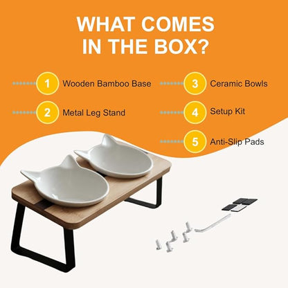 Ergonomic Cat Ceramic Bowls Stand for Food and Water, Small Dog, Anti Vomit, Indoor Cats, Elevated, Tilted Feeding Position, Full Bamboo Stand with Food Grade, Whisker Friendly Dish for Cats and Puppy - PAWPICO