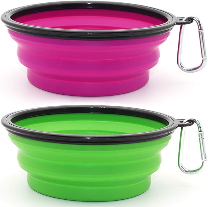 Dog Bowl Pet Collapsible Bowls, 2 Pack Collapsible Dog Water Bowls for Cats Dogs, Portable Pet Feeding Watering Dish for Walking Parking Traveling with 2 Carabiners (Large, Green+Purple) - PAWPICO
