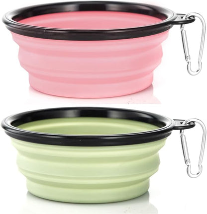 Dog Bowl Pet Collapsible Bowls, 2 Pack Collapsible Dog Water Bowls for Cats Dogs, Portable Pet Feeding Watering Dish for Walking Parking Traveling with 2 Carabiners (Small, Fairy Pink+Sprout Green) - PAWPICO