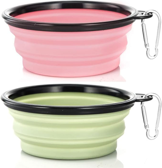 Dog Bowl Pet Collapsible Bowls, 2 Pack Collapsible Dog Water Bowls for Cats Dogs, Portable Pet Feeding Watering Dish for Walking Parking Traveling with 2 Carabiners (Small, Fairy Pink+Sprout Green) - PAWPICO