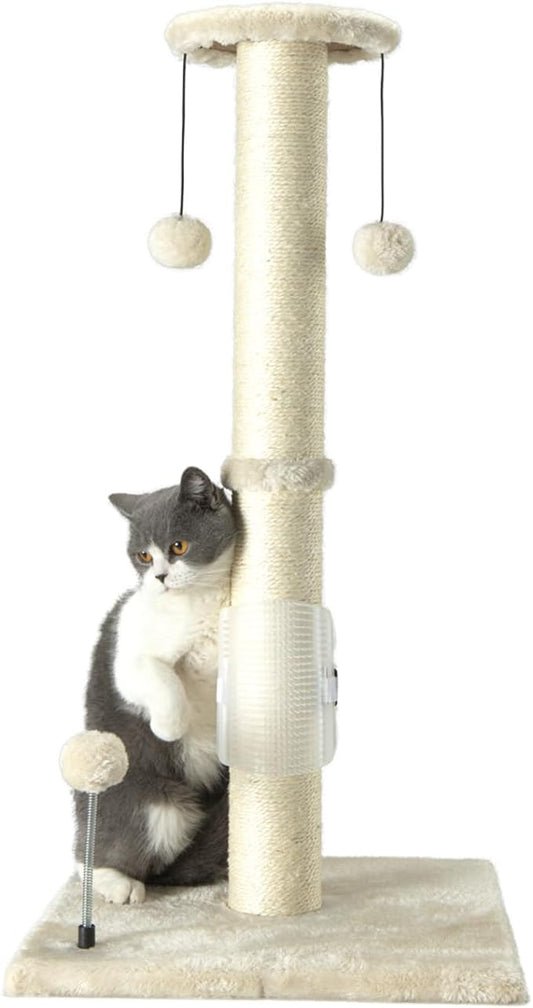 PEEKAB 32" Tall Cat Scratching Post Sisal Rope Scratch Posts with Hanging Ball and Self-Massage Brush Vertical Scratcher for Indoor Cats and Kittens(Beige 32inches) - PAWPICO