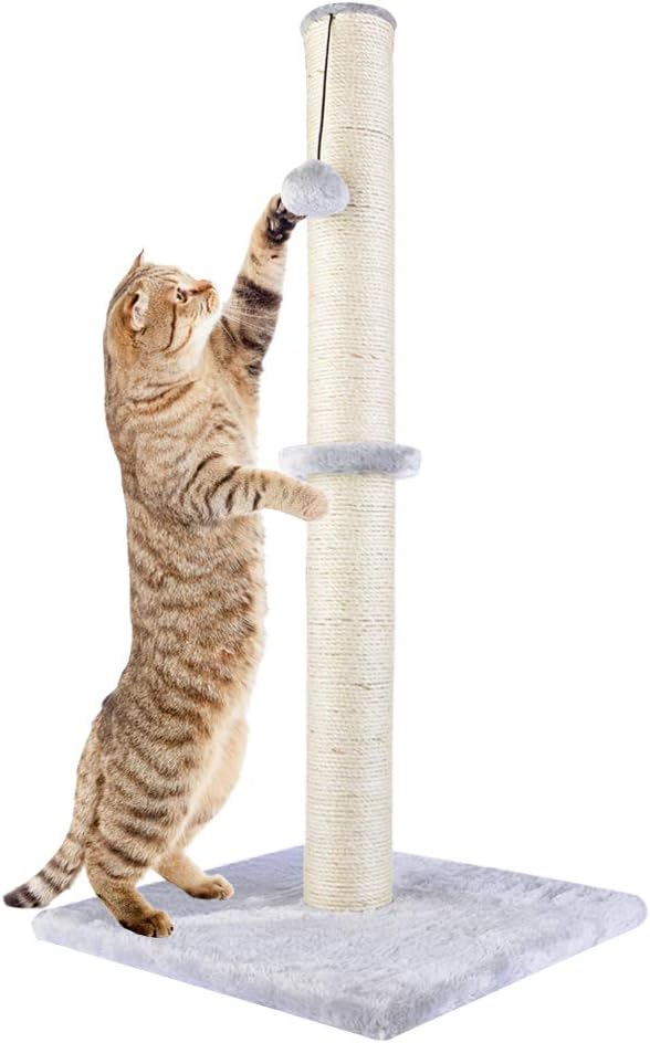 Dimaka 29" Height Tall Cat Scratching Post, Claw Scratcher with Sisal Rope and Covered with Soft Smooth Plush, Vertical Scratch [Full Strectch] for Standard Size Cats (Grey, 29 inches) - PAWPICO