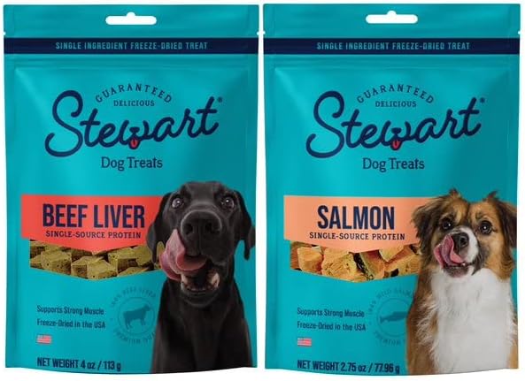Stewart Single Ingredient Freeze Dried Raw Dog Treats, Surf and Turf Variety Pack (Beef Liver 4 Ounce + Salmon 2.75 Ounce), High Protein, Training Treats or Meal Topper - PAWPICO