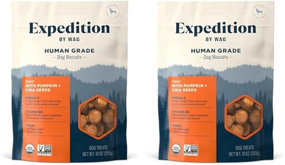 Amazon Brand - Wag Expedition Human Grade Organic Biscuits Dog Treats, Non-GMO, Gluten Free, Pumpkin & Chia Seed, 10oz (Pack of 2) - PAWPICO