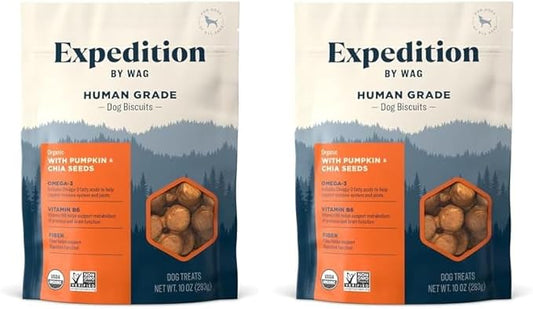 Amazon Brand - Wag Expedition Human Grade Organic Biscuits Dog Treats, Non-GMO, Gluten Free, Pumpkin & Chia Seed, 10oz (Pack of 2) - PAWPICO