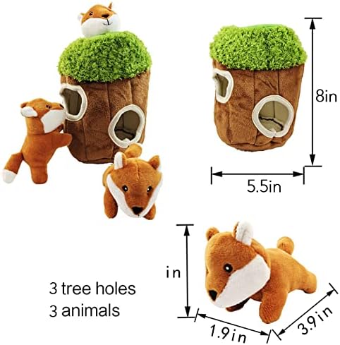 Fox in Tree Hide and Seek Dog Toy for Small and Medium Size Dogs, Plush Fox Inside Trunk Dog Toy with Squeaker, Interactive Burrow Dog Toy (Tree with Fox, Small) - PAWPICO