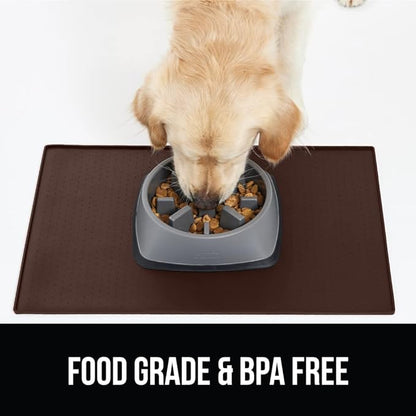 Gorilla Grip 100% Waterproof Raised Edge BPA Free Silicone Pet Feeding Mat, Dog Cat Food Mats Contain Spills Protects Floors, Placemats for Cats and Dogs Water Bowl, Pets Accessories 18.5x11.5 Brown - PAWPICO