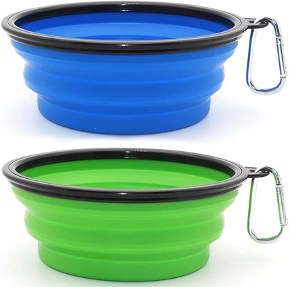 Collapsible Bowls, 2 Pack Water Bowls for Cats Dogs, Portable Pet Feeding Watering Dish for Walking Parking Traveling with 2 Carabiners (Large, Blue+Green) - PAWPICO