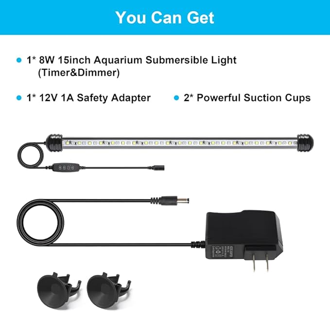 8W 15inch Submersible Aquarium Light Underwater Fish Tank Light LED Aquarium Light Bar with Timer Auto On/Off and Dimmer Adjustable Brightness, 1 Yr Warranty DaToo