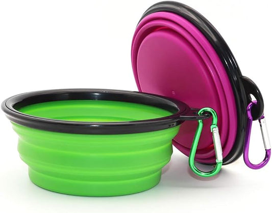 Dog Bowl Pet Collapsible Bowls, 2 Pack Collapsible Dog Water Bowls for Cats Dogs, Portable Pet Feeding Watering Dish for Walking Parking Traveling with 2 Carabiners (Small, Green+Purple) - PAWPICO