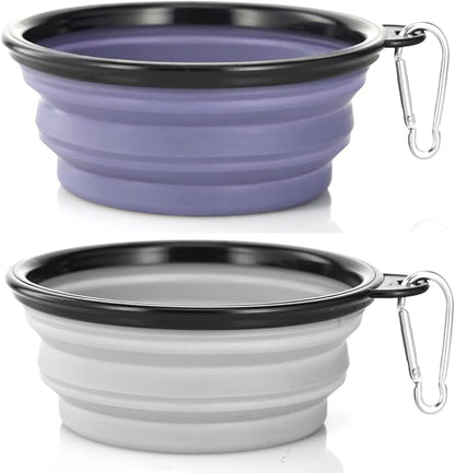 Dog Bowl Pet Collapsible Bowls, 2 Pack Collapsible Dog Water Bowls for Cats Dogs, Portable Pet Feeding Watering Dish for Walking Parking Traveling with 2 Carabiners (Small, Purple & Concrete Gray) - PAWPICO