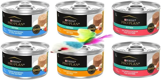 Pro Plan Wet Kitten Cat Food Entree 3 Flavor 6 Can Sampler Bundle: (2) Salmon Ocean Whitefish, (2) Chicken & Liver, and (2) Ocean Whitefish Tuna (3 Ounces) with a Catnip Mouse Toy - PAWPICO