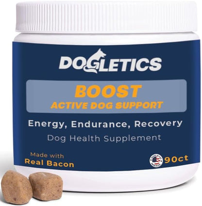 Boost Active Dog Support: Improve Energy, Endurance, Recovery & Longevity- 90ct USA Made with Real Bacon Dogletics