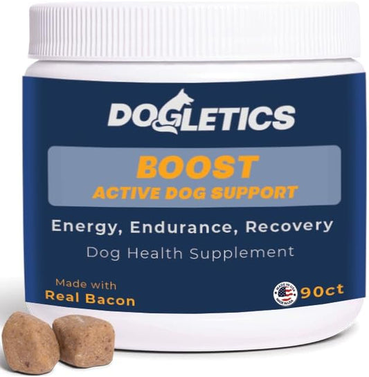 Boost Active Dog Support: Improve Energy, Endurance, Recovery & Longevity- 90ct USA Made with Real Bacon Dogletics