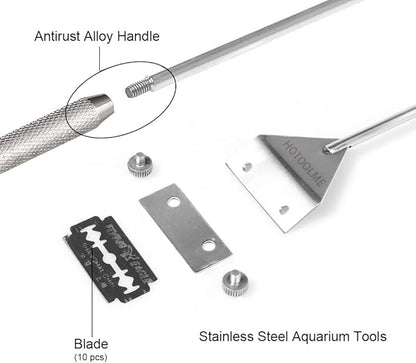 HOTOOLME Aquarium Scraper, 25.6" Stainless Steel Scraper Cleaning Razor with 10 Blades for Glass Aquarium Fish Tank HOTOOLME