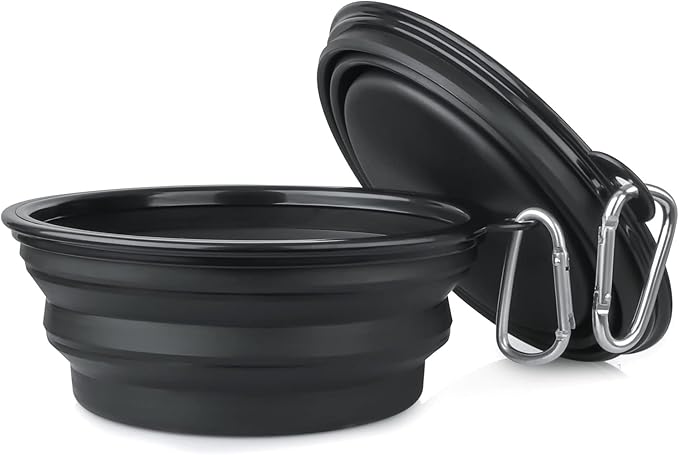Dog Bowl Pet Collapsible Bowls, 2 Pack Collapsible Dog Water Bowls for Cats Dogs, Portable Pet Feeding Watering Dish for Walking Parking Traveling with 2 Carabiners (Large, Black+Black) - PAWPICO