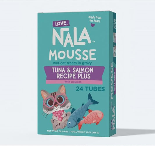 LOVE, NALA - Skin & Coat Health - Tuna & Salmon Plus Collagen Mousse - Lickable Cat Squeeze Up Wet Food Puree Treat, Topper - Grain Free, Fiber, Minerals, Vitamins - 24 Pack 15.2 oz. - PAWPICO