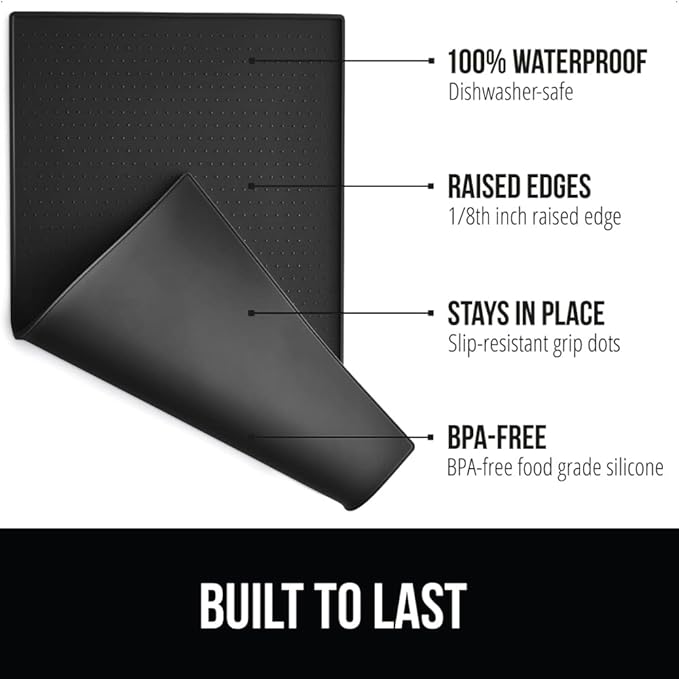 Gorilla Grip 100% Waterproof Raised Edge BPA Free Silicone Pet Feeding Mat, Dog Cat Food Mats Contain Spills Protects Floors, Placemats for Cats and Dogs Water Bowl, Pets Accessories 23x15 Black - PAWPICO