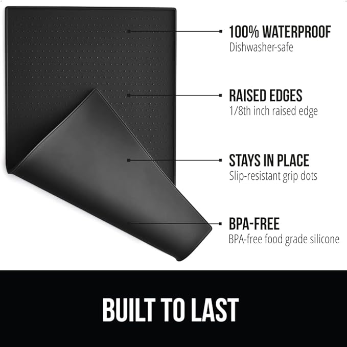 Gorilla Grip 100% Waterproof Raised Edge BPA Free Silicone Pet Feeding Mat, Dog Cat Food Mats Contain Spills Protects Floors, Placemats for Cats and Dogs Water Bowl, Pets Accessories 18.5x11.5 Black - PAWPICO