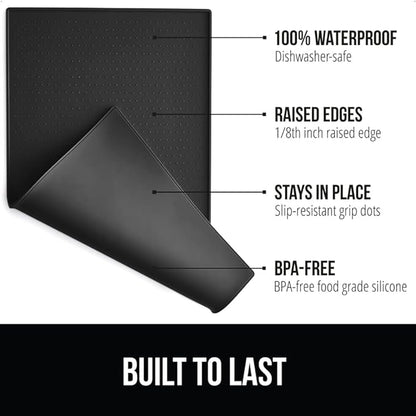 Gorilla Grip 100% Waterproof Raised Edge BPA Free Silicone Pet Feeding Mat, Dog Cat Food Mats Contain Spills Protects Floors, Placemats for Cats and Dogs Water Bowl, Pets Accessories 18.5x11.5 Black - PAWPICO