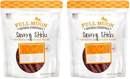 Full Moon All Natural Human Grade Dog Treats, Essential Chicken Savory Sticks, 16 Ounce (Pack of 2) - PAWPICO