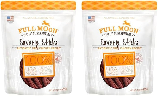 Full Moon All Natural Human Grade Dog Treats, Essential Chicken Savory Sticks, 16 Ounce (Pack of 2) - PAWPICO