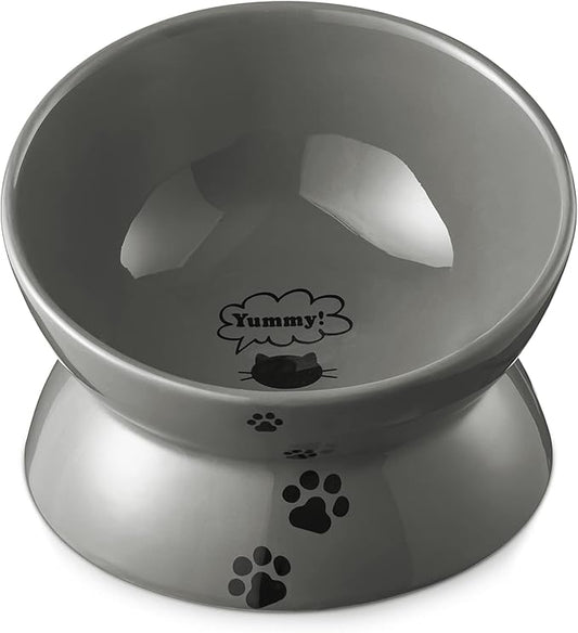 Y YHY Raised Cat Food Bowl, Ceramic Elevated Cat Bowl, Title Angle Protect Cat's Spine, Anti Vomiting Cat Dish, Backflow Prevention, Grey - PAWPICO
