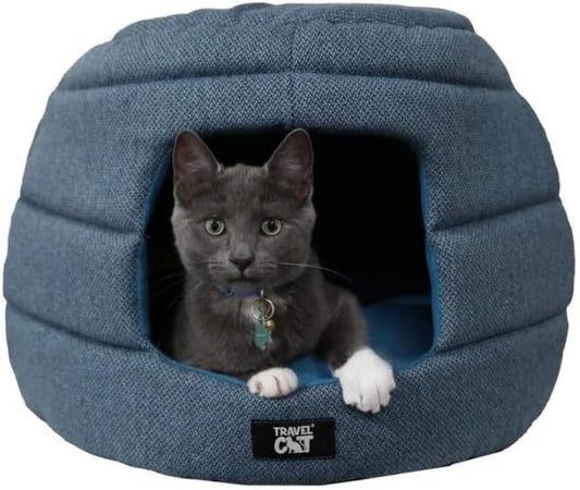 Travel Cat Meowbile Indoor Cat House - 25x18x17 inches Premium Convertible and Durable Hideaway Cat Bed and Cave (Blue, Medium) - PAWPICO