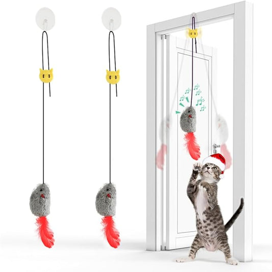 FYNIGO Self Play Cat Toys,2 Pack Door Hanging Cat Mouse Toy with Squeaky Sound,No Batteries Required,Interactive Cat Enrichment Toys for Bored Indoor Adult Cats,Cat Boredom Toys Mice with Feather Tail - PAWPICO