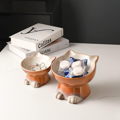 Nihow Elevated Cat/Dog Bowls Set : 5 Inch Ceramic Raised Cat Food & Water Bowl Set for Protecting Pet's Spine - Feeding & Watering Supplies for Pets - Elegant Brown (2 PC) - PAWPICO