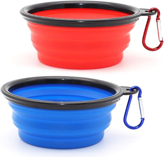 Dog Bowl Pet Collapsible Bowls, 2 Pack Collapsible Dog Water Bowls for Cats Dogs, Portable Pet Feeding Watering Dish for Walking Parking Traveling with 2 Carabiners (Small, Blue+Red) - PAWPICO