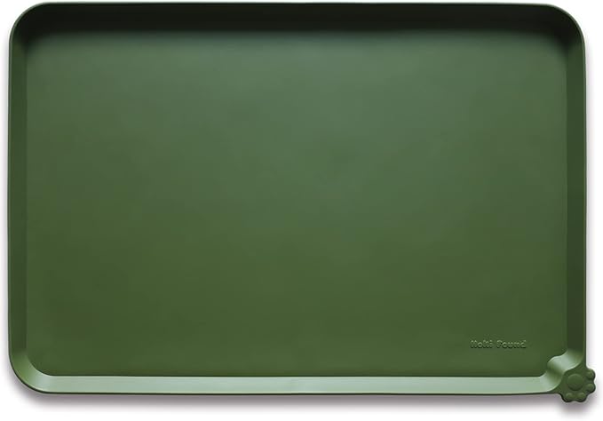 Hoki Found X-Large Silicone Pet Food Mats Tray - Non Slip Pet Dog Cat Bowl Mats Placemat - Dog Pet Cat Feeding Mat - Waterproof Dog Cat Food Mats -Pet Water Mats for Carpet -Dark Olive - PAWPICO
