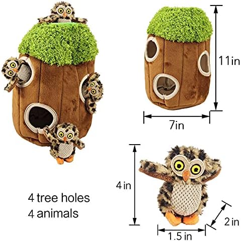Owl in Tree Hide and Seek Dog Toy for Small and Medium Size Dogs, Plush Owl Inside Trunk Dog Toy with Squeaker, Interactive Burrow Dog Toy (Tree with Owls, Medium) - PAWPICO