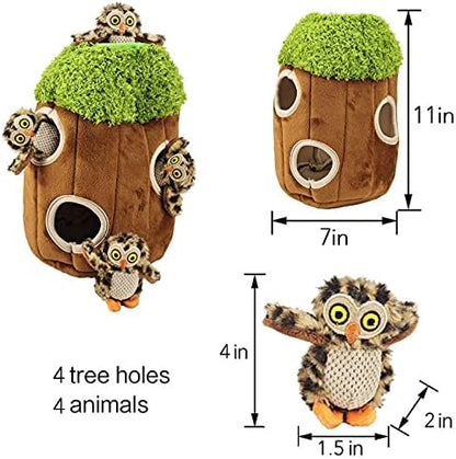 Owl in Tree Hide and Seek Dog Toy for Small and Medium Size Dogs, Plush Owl Inside Trunk Dog Toy with Squeaker, Interactive Burrow Dog Toy (Tree with Owls, Medium) - PAWPICO